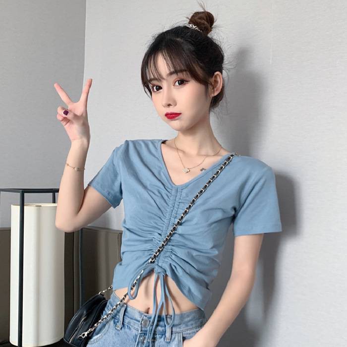 🌼Korean version of the draw rope frustrated design short version of the dress short-sleeved top short-sleeved T-shirt women's slim jacket clothes loose upper