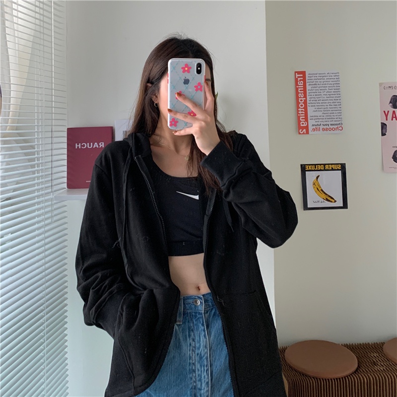 ZHELIHANGFEI Áo Khoác Cardigan Có Nón Form Rộng Kiểu Dáng Đơn Giản Hợp Thời Trang