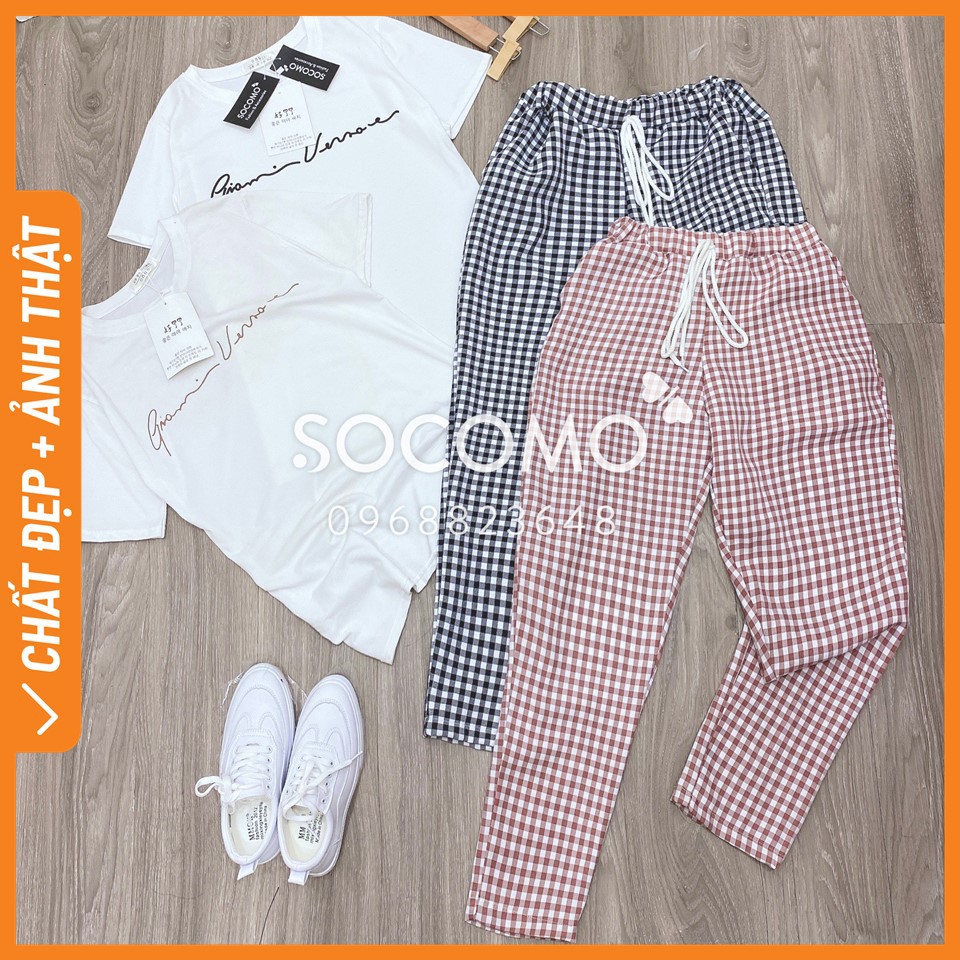 [Clip] Set áo phông trắng kèm quần kẻ caro- 100% Ảnh SOCOMO Tự Chụp - Giá Tốt - Hàng loại 1