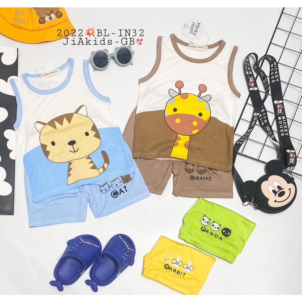 [Bé:8-27kg] Bộ Quần Áo Ba Lỗ Minky Mom Cho Trẻ Em, Vải Thun Lạnh Thoáng Mát Trơn, In Hình Hình Động Vật- Mã: BL-IN32