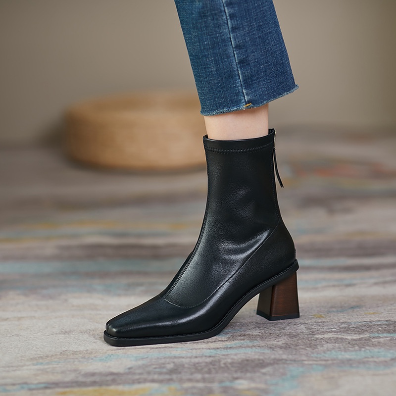 Giày bốt Martin cao gót dày co giãn mỏng màu trơn thời trang mùa thu kiểu Pháp 2021 cho nữ | BigBuy360 - bigbuy360.vn