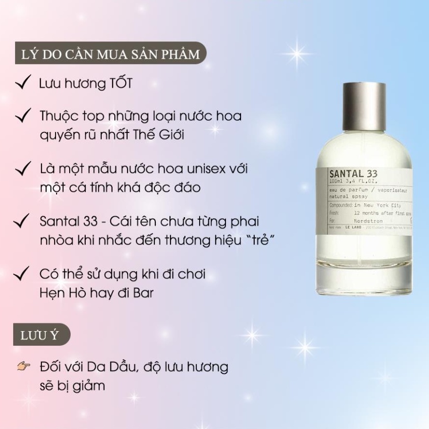 Nước hoa nam nữ Unisex Le Labo Santal 33 - Hương thơm của gỗ nhẹ nhàng lôi cuốn