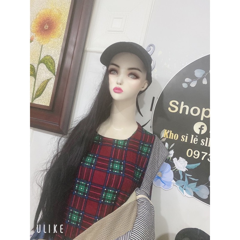 tóc giả gắn mũ kết đen xoăn dài
