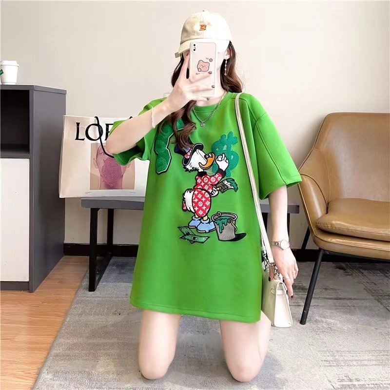 Áo Thun Tay Lỡ Dáng Rộng Thêu Họa Tiết Hoạt Hình Thời Trang Mùa Hè Cho Nữ