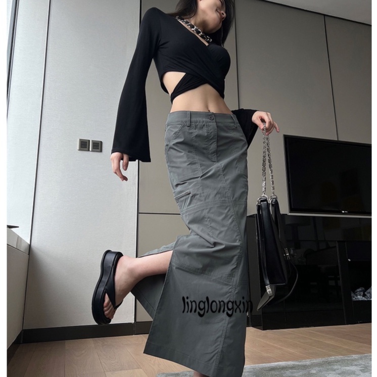 Xám nhạt 2 lớp ren xẻ tà dài Thời trang đường phố cho nữ, phong cách Hàn Quốc Y2K Thời trang đường phố cho nữ Váy chữ A dài xẻ tà