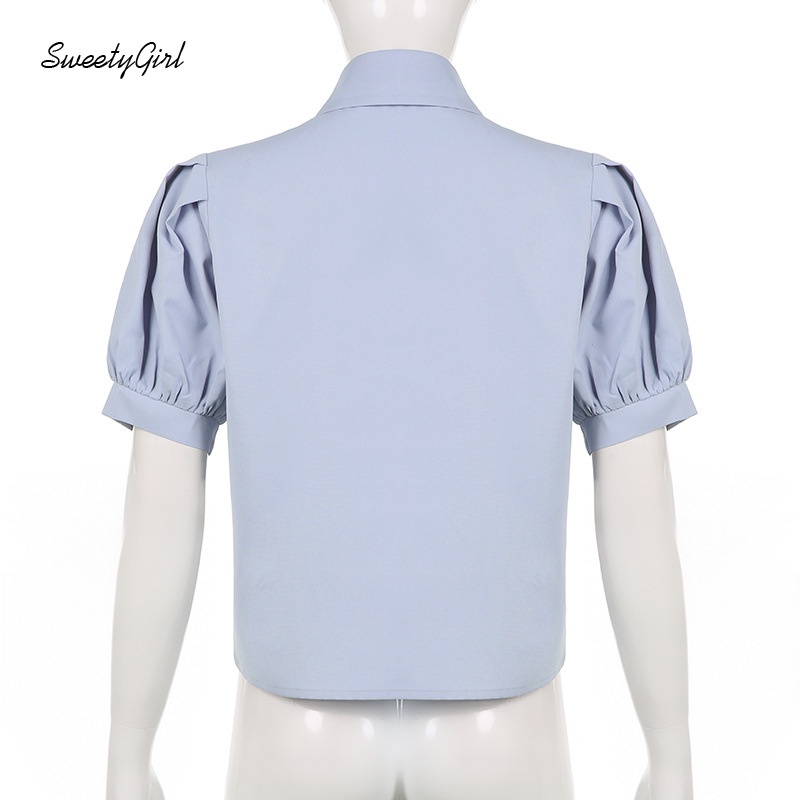 Áo Sơ Mi Tay Phồng Ngắn Cổ Bẻ Cài Nút Màu Trơn 2022 Thời Trang Cho Nữ