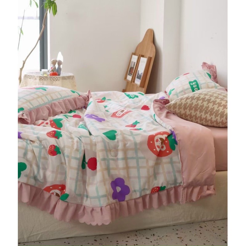 Sét hè cotton đũi chăn trần bông phối bèo ngắn cao cấp Hàn Quốc( tặng kèm vỏ ôm cùng bộ m6)