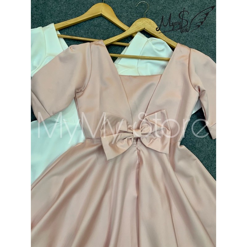 Đầm xòe cổ vuông hở nơ lưng gợi cảm chất phi lụa taffeta sang trọng siêu xinh TRIPBLE T DRESS - size M/L - MS109Y