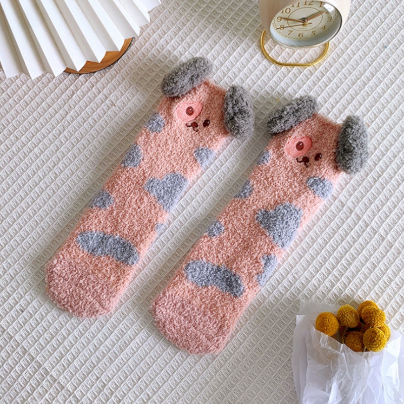 Youyo Vớ Nhung San Hô Mềm Mịn Thêu Hình Chú Chó Hoạt Hình Giữ Ấm Chân Khi Ngủ Mùa Đông Cho Nữ
