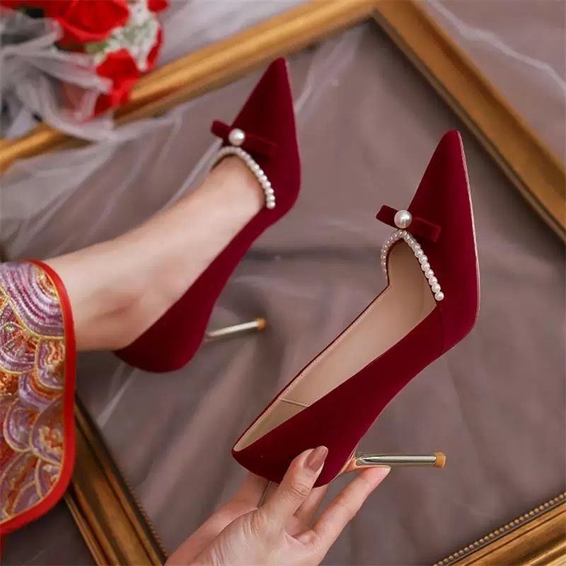 Giày Cao Gót Hai Cách Mang Màu Đỏ Thời Trang Mùa Thu Mới Dành Cho Cô Dâu