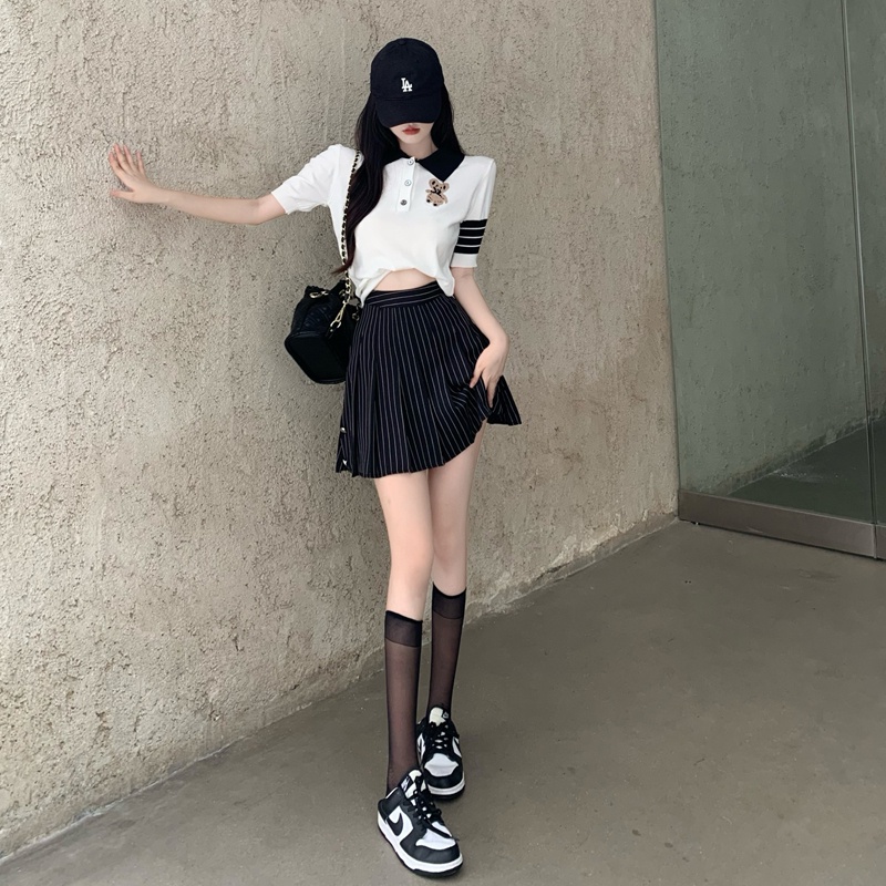 【Hana and Alice】Áo Thun POLO Dệt Kim Tay Ngắn Thêu Hình Gấu Dễ Thương
