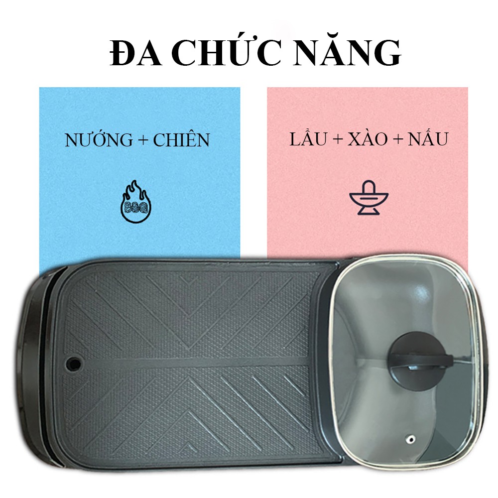 Bếp lẩu nướng 2 in 1, bếp nướng lẩu điện 2 ngăn đa năng mini, nồi lẩu điện mini đa năng 2 ngăn chống dính thế hệ mới