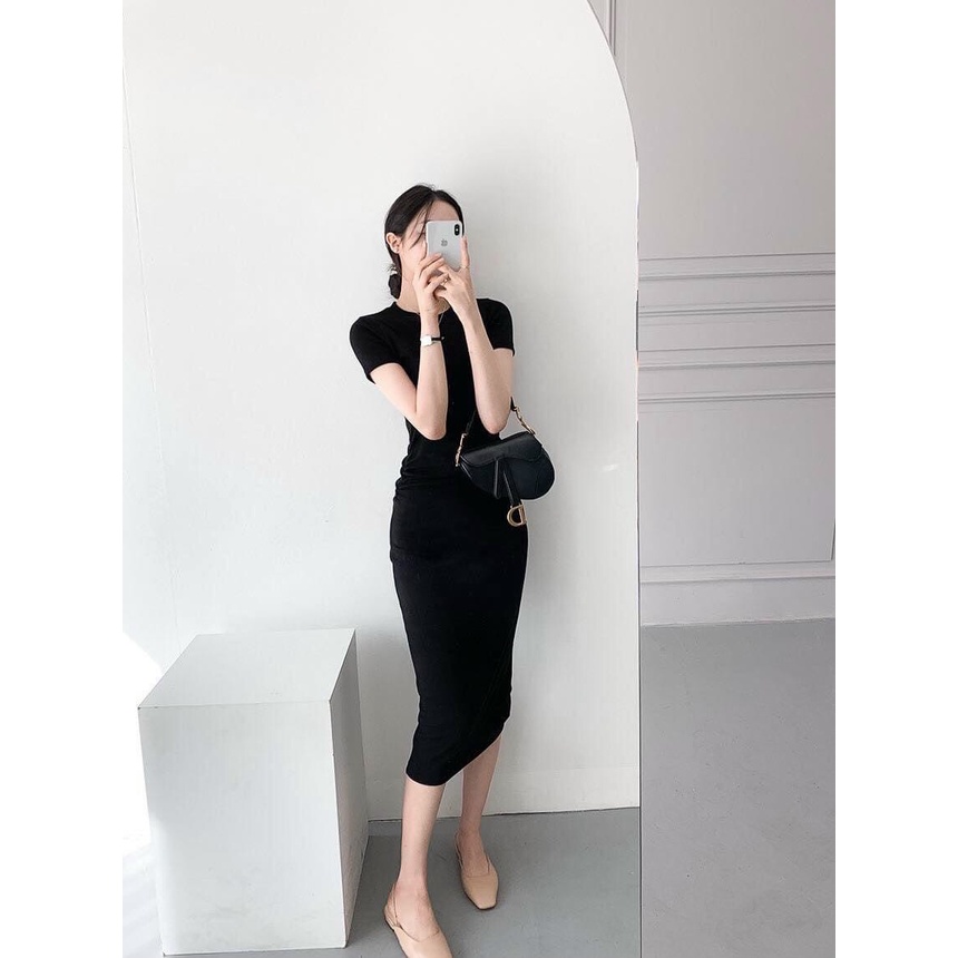 Đầm body thun 4 chiều tay ngắn nhún thân màu trơn Callene (L1481) | BigBuy360 - bigbuy360.vn