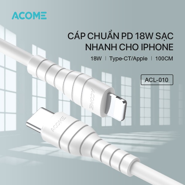 Dây Sạc Cáp Sạc Nhanh Type C to Lightning ACOME ACL010 Chuẩn PD 18W 100cm Dành Cho iPhone Ipad Bảo Hành Chính Hãng