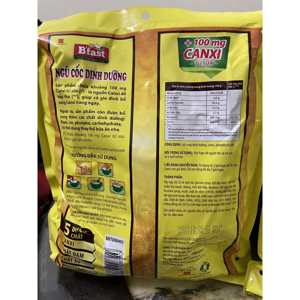 SỮA HẠT NGŨ CỐC DINH DƯỠNG B'FAST CANXI 500G 20 gói x 25g