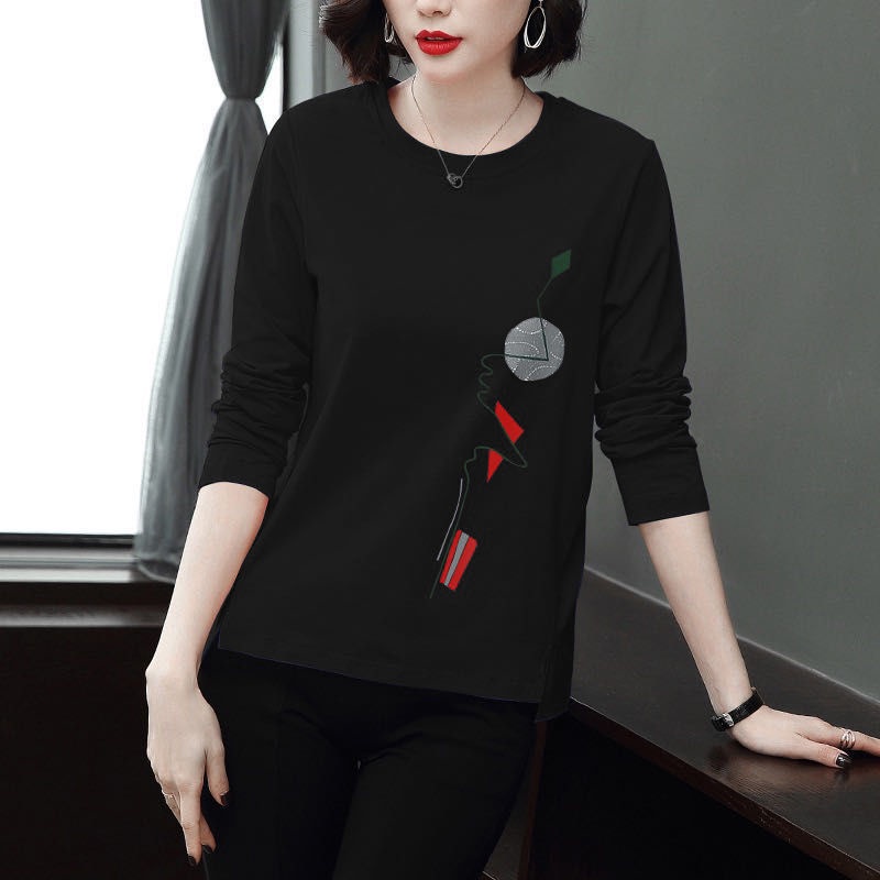 Áo thun cotton tay dài dáng rộng in họa tiết thời trang cho phụ nữ trung niên