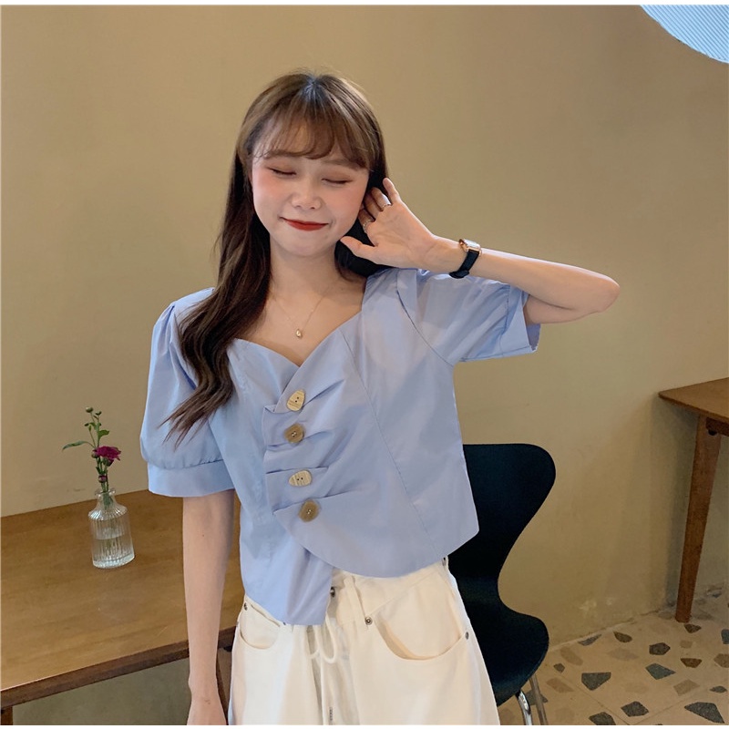 Áo Sơ Mi Nữ Cổ Chữ V Tay Phồng Ngắn Dáng Rộng Phong Cách Hàn Quốc