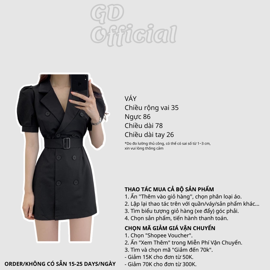 D38|Đầm nữ nhẹ nhàng ngắn tay, phồng cổ vest thanh lịch, hiện đại kèm thắt lưng màu đen, nâu GD Official