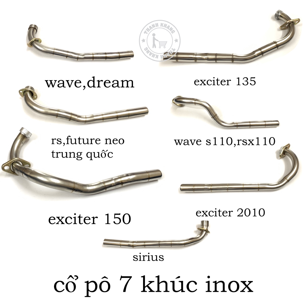 cổ pô 7 khúc wave,dream,sirius,exciter 135,exciter 150,exciter 2010,future neo,rsx inox thanh khang.