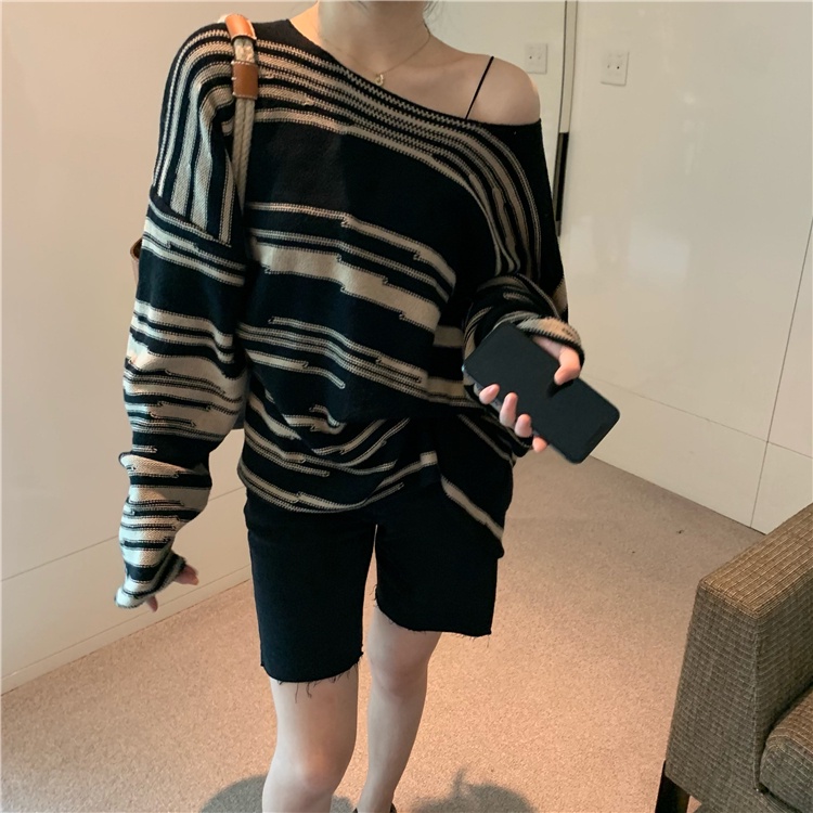 Striped sweater women's fashion retro chic loose lazy style Pullover Jacket