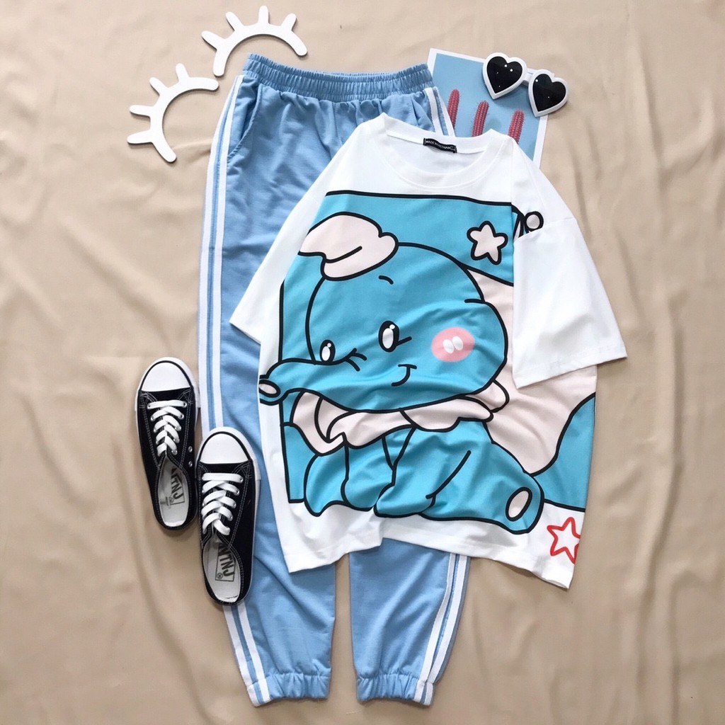 Set đồ bộ quần dài Jogger 2 Sọc XANH BIỂN NHIỀU MẪU ❤️ Bộ hoạt hình form rộng Unisex Molly Fashion