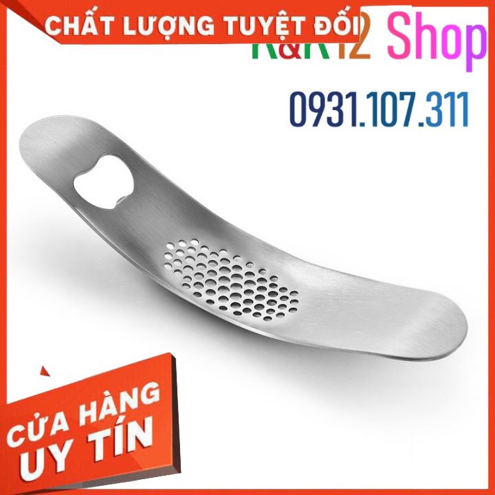 Dụng cụ ép tỏi K02. Dụng cụ nghiền tỏi bằng tay chất liệu Inox kiêm đồ khuôi chai tiện lợi.