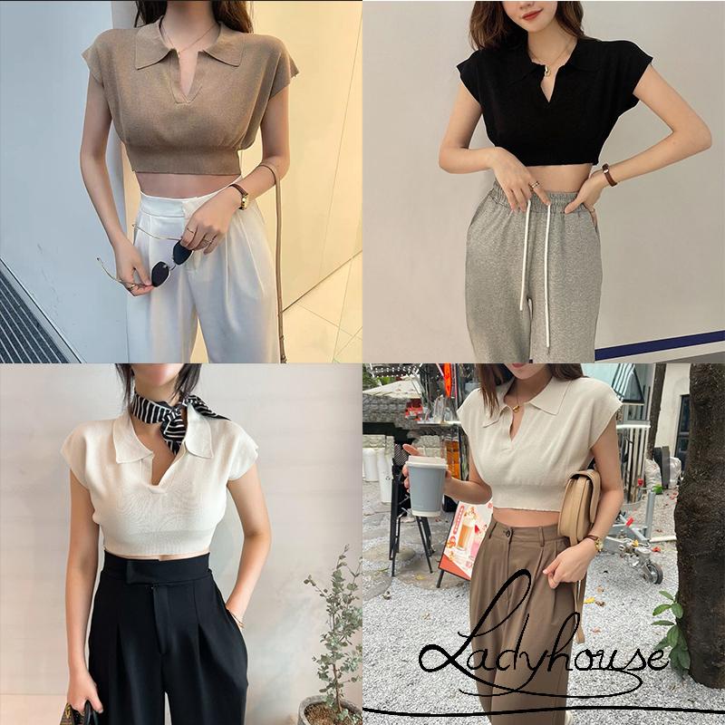 LD-Áo Croptop Dệt Kim Tay Ngắn Phong Cách Retro Hàn Quốc Thời Trang Mùa Hè 4 Màu Tùy Chọn Cho Nữ