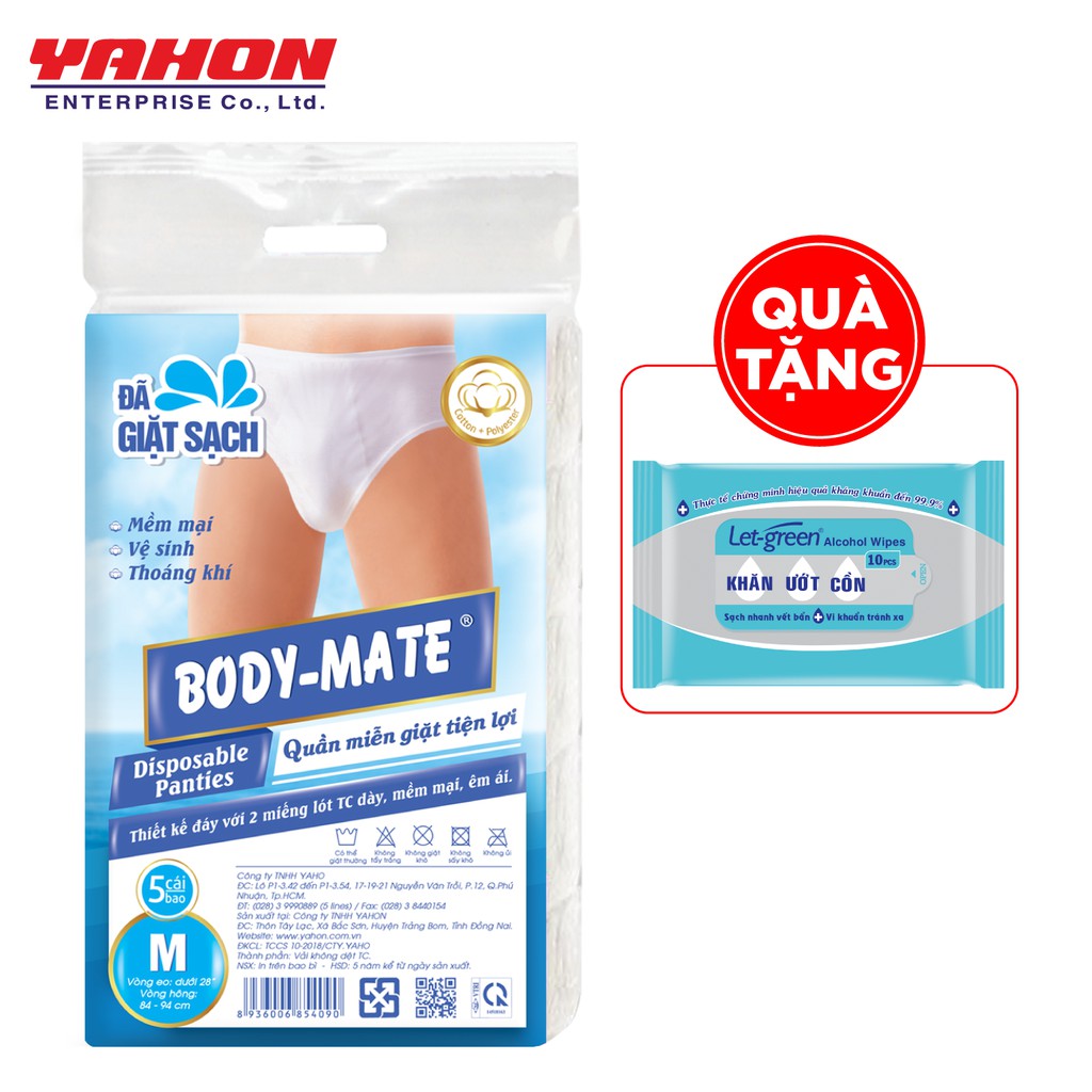 QUẦN LÓT TIỆN LỢI BODY-MATE NAM 5 CÁI/GÓI - Tặng 1 Bao Khăn ướt cồn Let-Green 10 Miếng/Gói