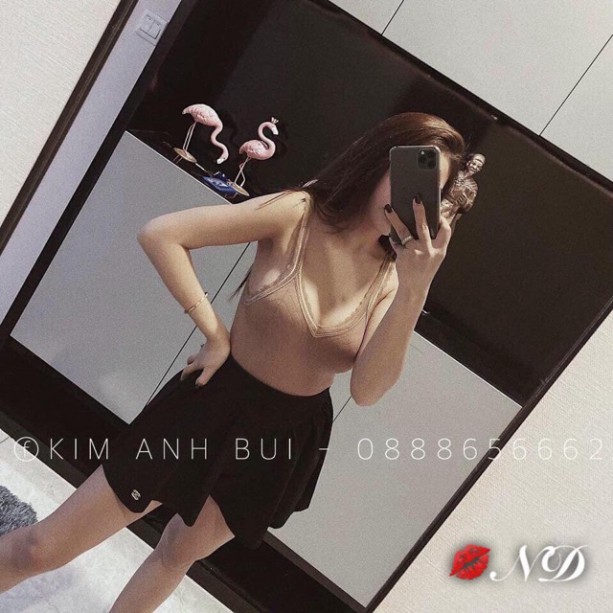Áo 2 dây viền ren dáng dài chất len gân kèm mút co giãn tốt