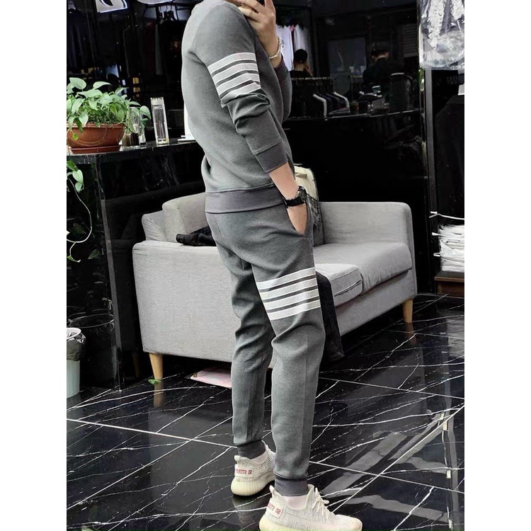 Bộ đồ thu đông nam bóng lót bông mềm mịn kẻ 3 sọc ngang thêu chữ B trước ngực - BD198