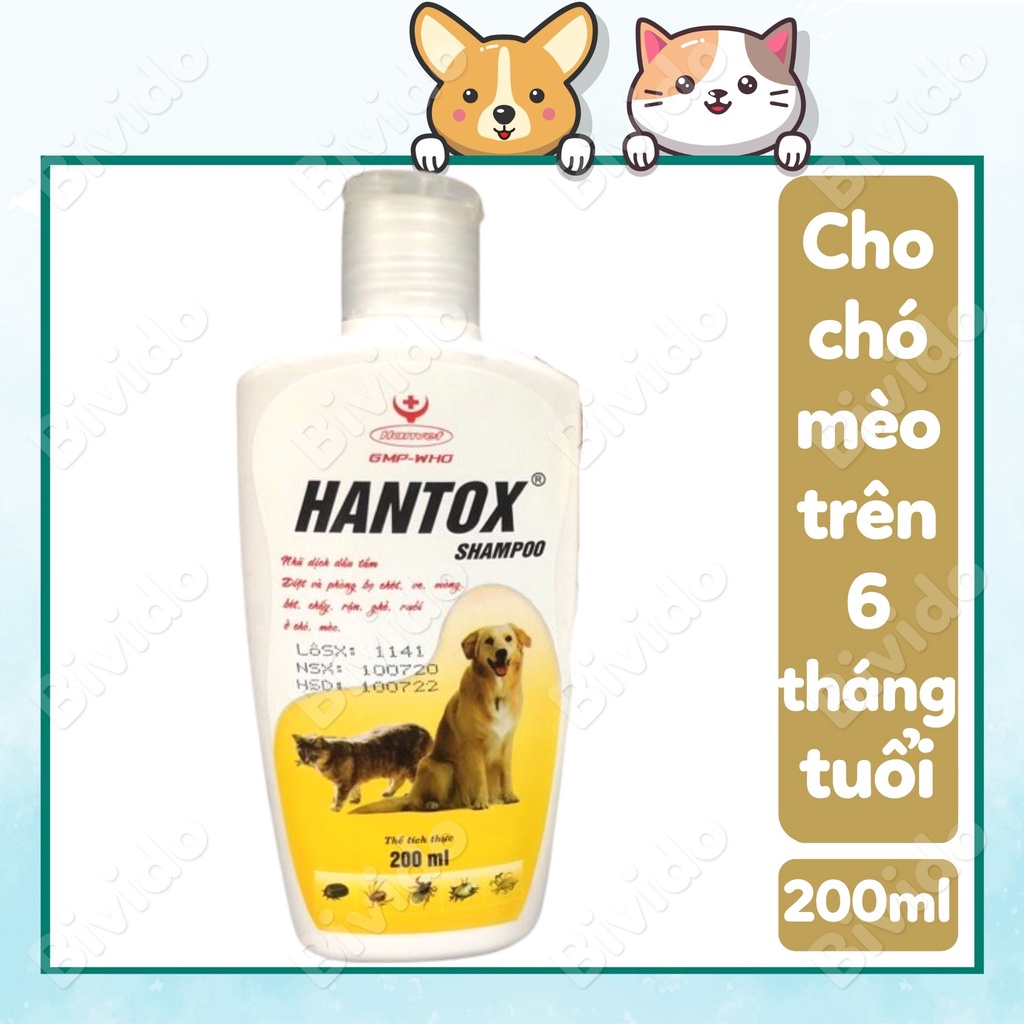 Sữa tắm chó mèo Hantox Shampoo diệt ve rận bọ chét ghẻ ngứa 200ml - Bivido