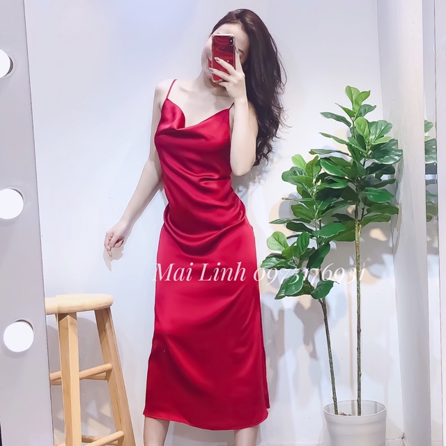⚡LỤA MỀM⚡️ Váy 2 dây cổ đổ hot trend hai màu 💖 [CO DO]💖[DAM HAI DAY]💖[FREESHIP]
