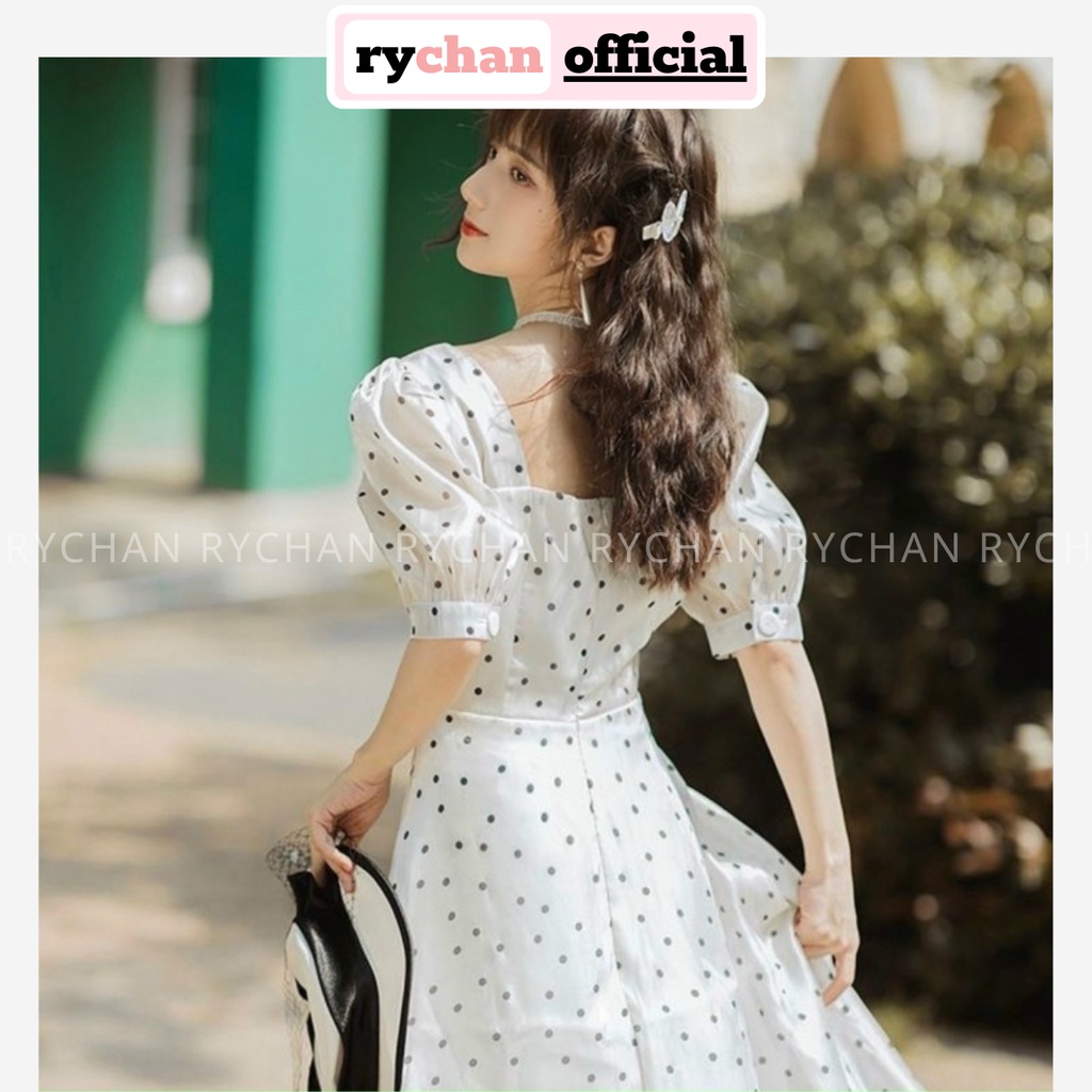 Đầm Nữ Dự Tiệc Cổ Vuông Họa Tiết Chấm Bi Đen Tay Ngắn Phồng Bo Eo Cổ U Dáng Dài Cực Đẹp - DX9949