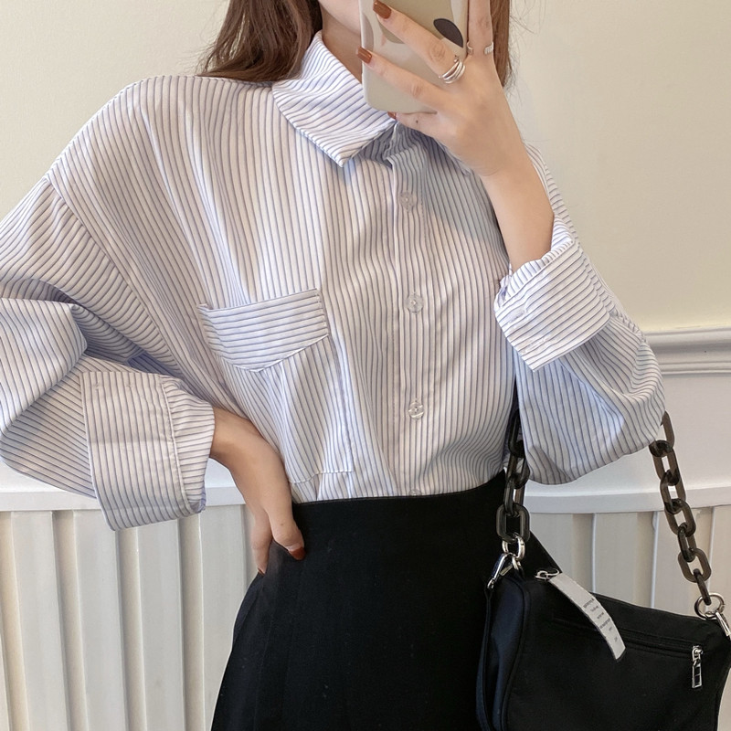 SUXI Áo Sơ Mi Nữ Tay Dài Kẻ Sọc Phong Cách Retro