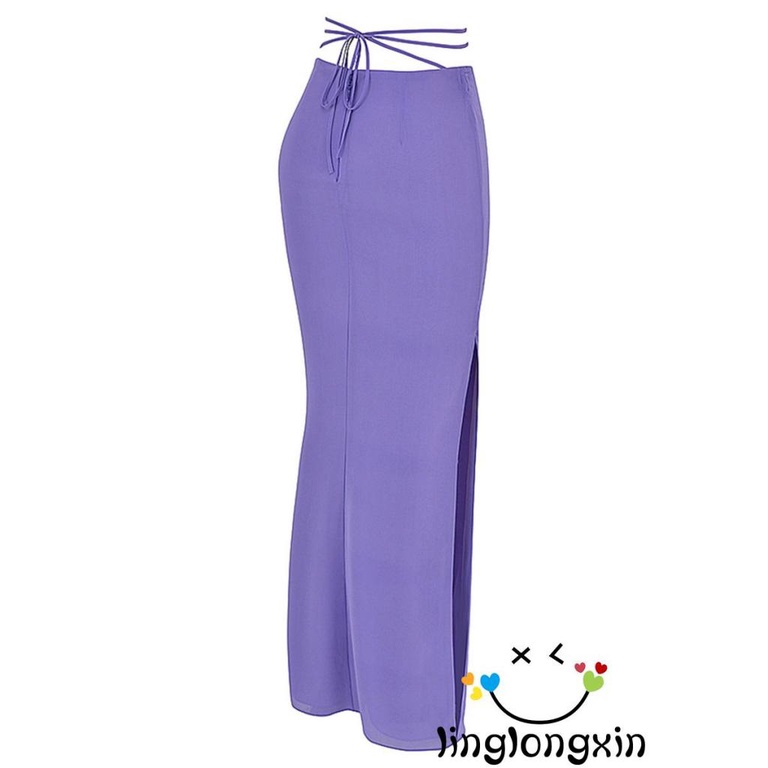 Bộ Áo Croptop Dài Tay Màu Trơn + Chân Váy Dài Lưng Cao Xẻ Tà Phối Dây Thời Trang Cho Nữ Linglongxi2