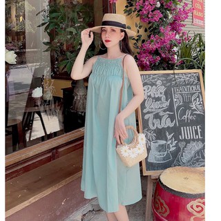 đầm maxi cổ yếm thắt eo nhúm ngực chất đũi