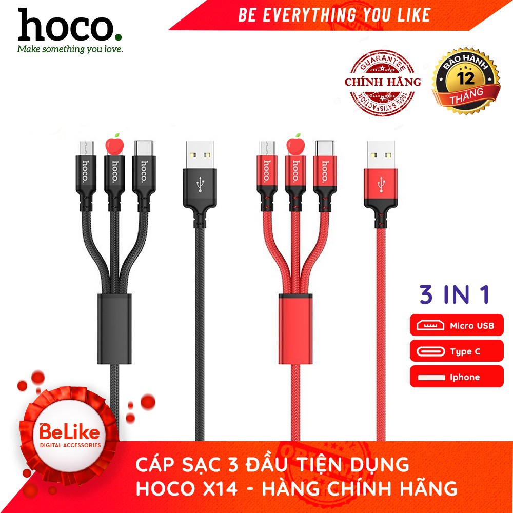Cáp Sạc 3 Đầu Hoco X14/Micro Usb/Type C-Bh 6 Tháng
