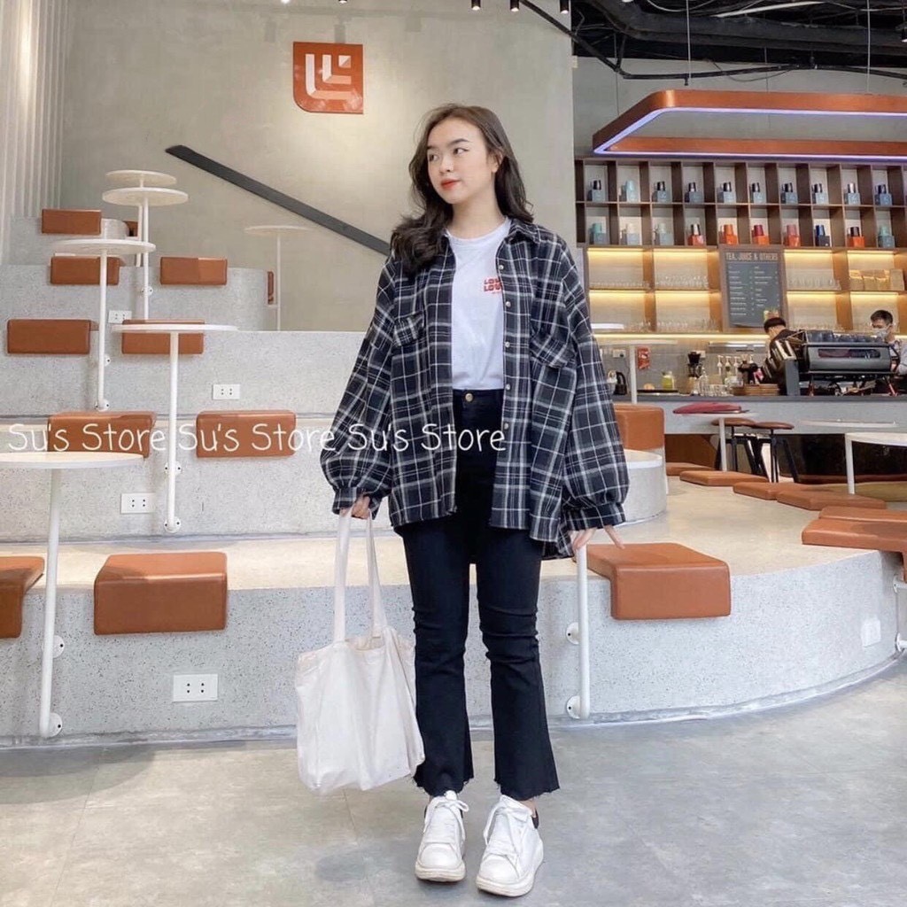 ÁO SƠ MI KẺ OVERSIZE TAY ĐÈN LỒNG NHIỀU MÀU - Áo Khoác Somi Caro dài tay phồng form rộng ulzzang