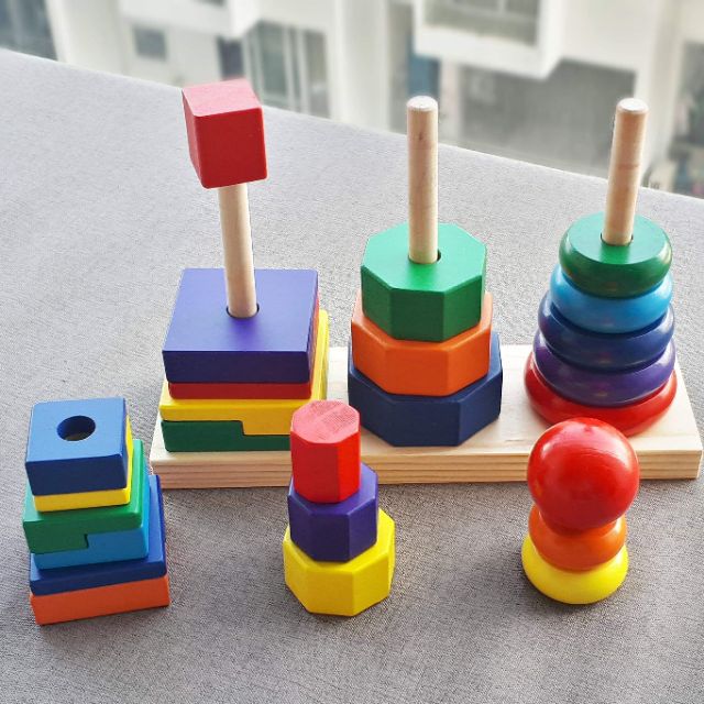 Bộ xếp hình gỗ 3D khối 3 trụ Montessori loại to nhất dài 28cm