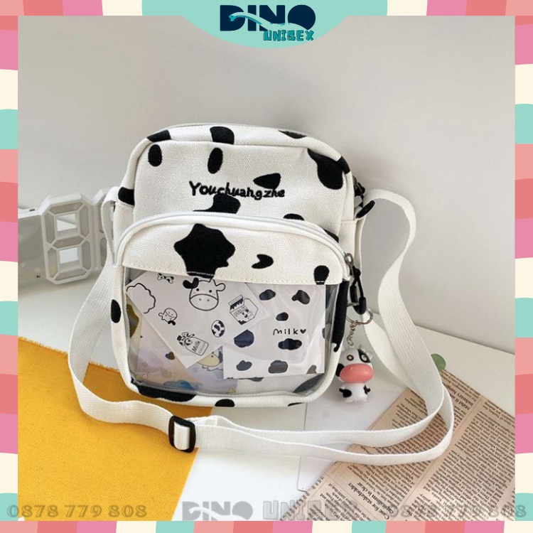 Túi Vải Canvas Phối Plastic In Họa Tiết Bò Sữa Cực Xinh (Ko Kèm Móc Khóa)