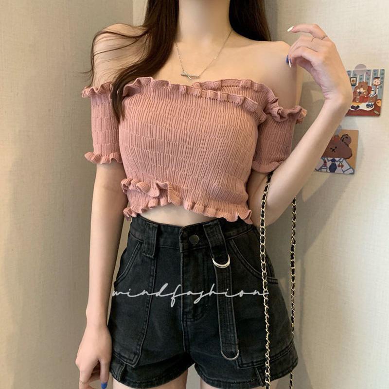 Áo dệt kim ngắn tay phong cách hàn quốc áo ngắn tay xéo vai gợi cảm ngọt ngào nhiều màu sắc