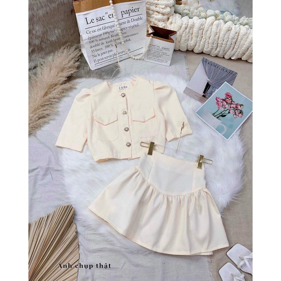 (HÀNG ĐẸP + ẢNH THẬT) Set 2 sản phẩm Áo khoác + Váy xòe xương cá DORY&amp;PONY - LS008 (màu Kem)