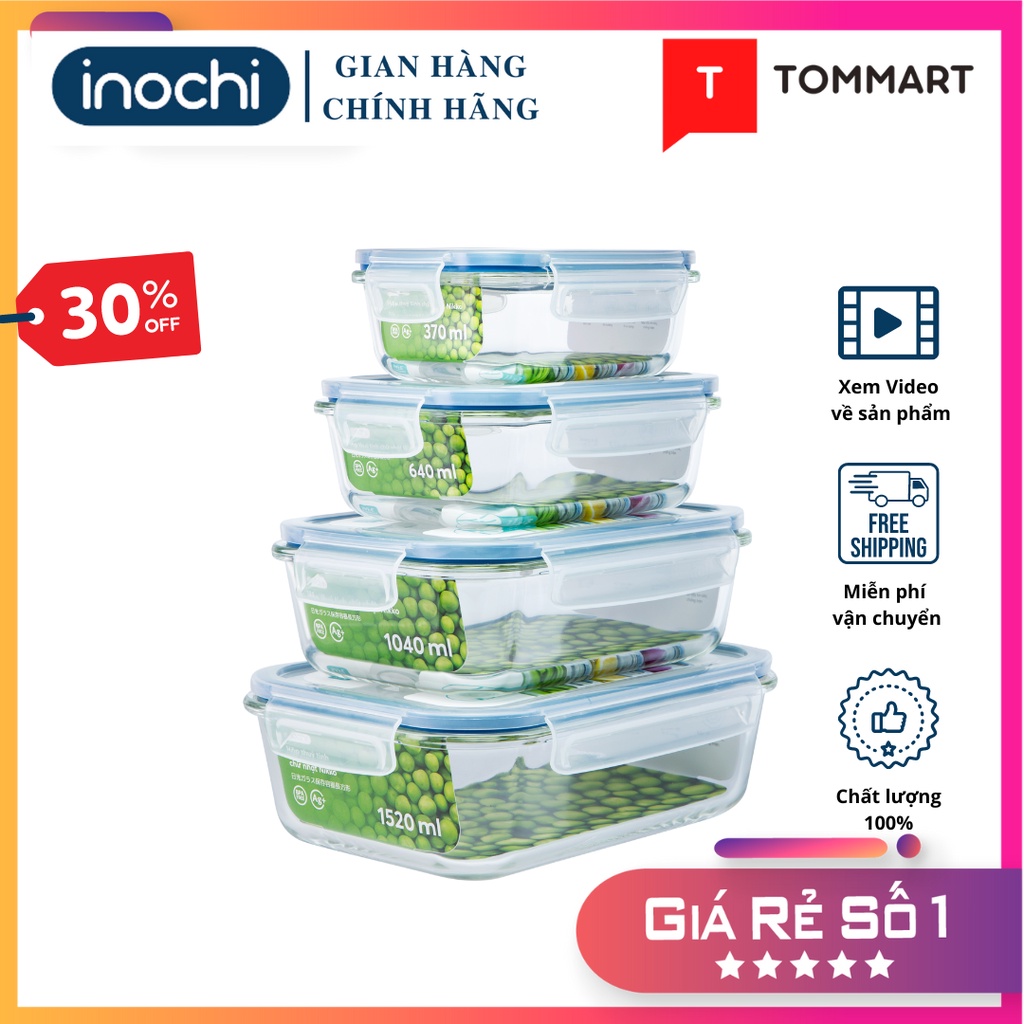 Hộp Thủy Tinh Inochi Đựng Thức Ăn Nắp Gài Chữ Nhật Vuông Tròn Nikko Đủ size