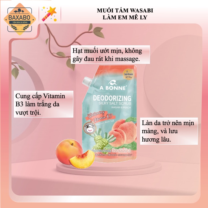 MUỐI TẮM TRẮNG DA A BONNE WHITENING SILKY SALT SCRUB - WASABI & ĐÀO 350GR CÓ VÒI - CHÍNH HÃNG C.A.C THÁI LAN