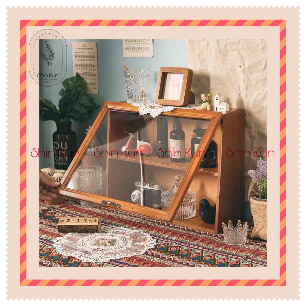 Tủ Gỗ Mini Để Bàn Đựng Mỹ Phẩm Cốc Chén Đồ Decor Kiểu Cánh Ngược Vintage Retro SS06