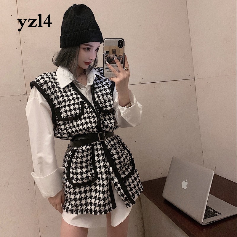 Áo Khoác Vest Không Tay Cổ Chữ V Phối Túi Họa Tiết Caro Thanh Lịch | BigBuy360 - bigbuy360.vn