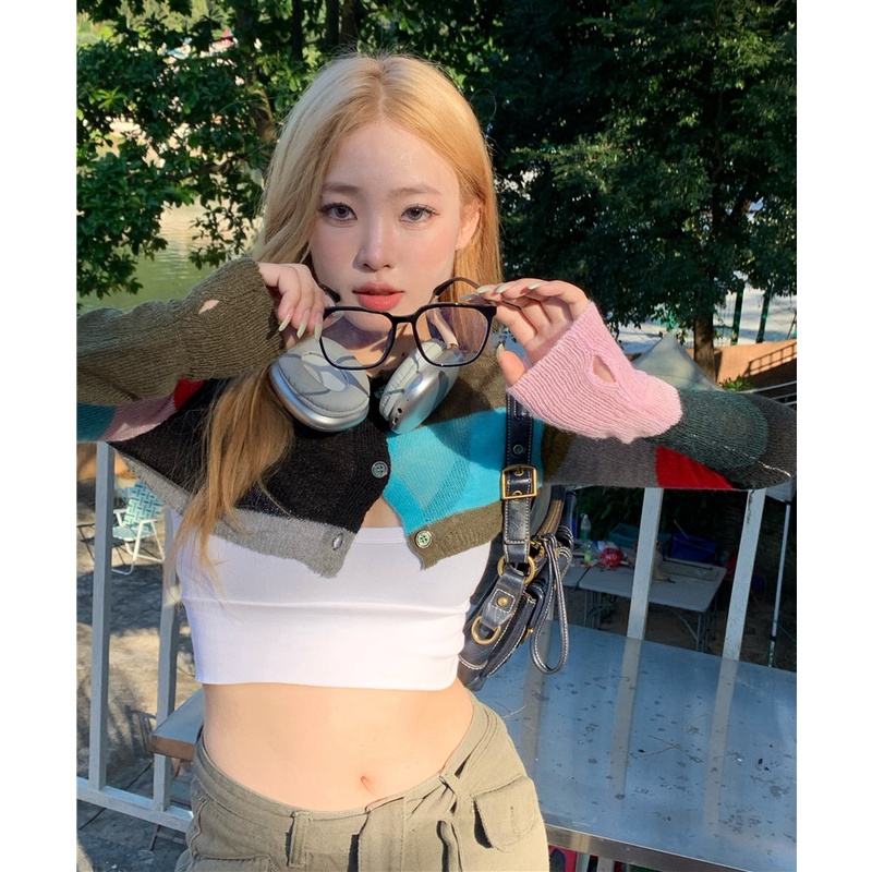 QKOOLE  Áo Croptop Dệt Kim Tay Dài Màu Sắc Vintage Hàn Quốc Cho Nữ