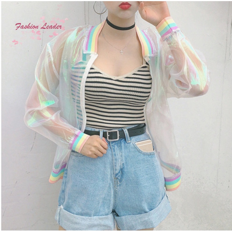 Áo khoác xuyên thấu phối màu cầu vồng thời trang cho nữ
