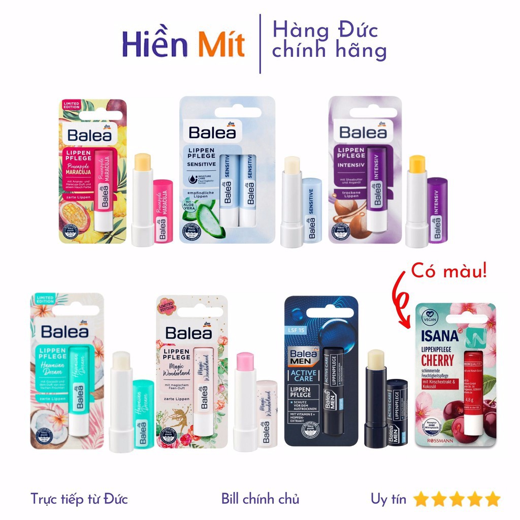 Bill Đức-Son Balea dưỡng môi hồng nhạt/không màu tự nhiên từ Đức có cho nam matte không bóng chống nắng spf