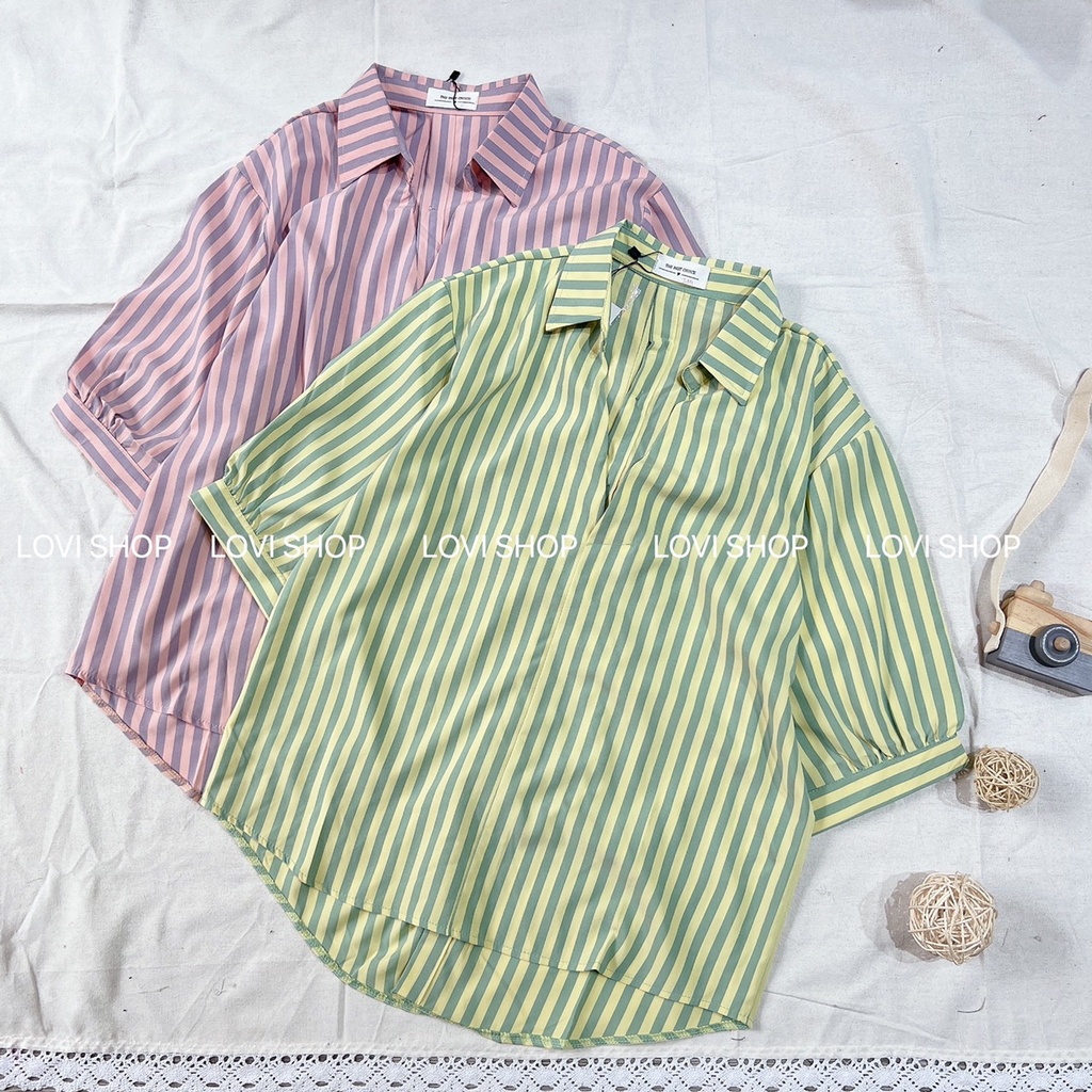 LOVI SHOP- Áo sơ mi kẻ sọc cổ V 4 màu tay phồng nhẹ